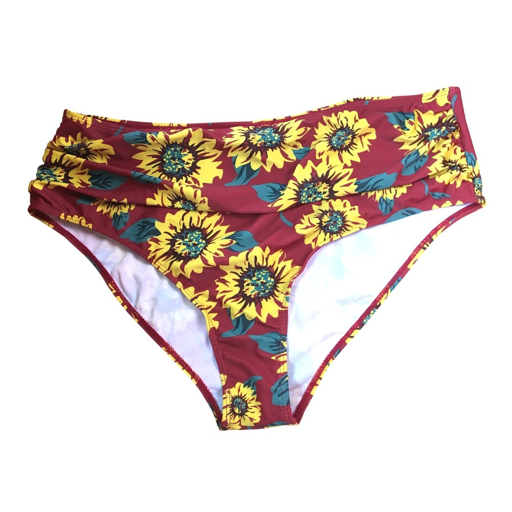 Rosegal Sunflower Print High Waisted Bikini Bottoms 1X‎ Burgundy NWOT